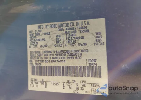 2002 Ford Ranger Xl/Xlt from USA, damaged, VIN 1FTYR10D12PA76046